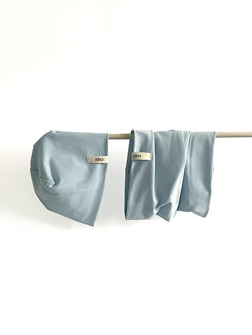 Čiapky, čelenky, klobúky - Detský prechodný set - čiapka a nákrčník - baby blue - 16853321_