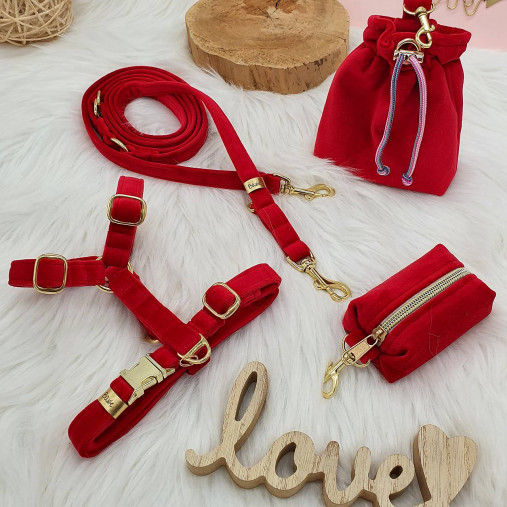 Pre zvieratá - Baxie RED handmade zamatový postroj pre psa červený, červená zamatová kapsička na sáčky, červený zamatový pamlsovník - 16855569_