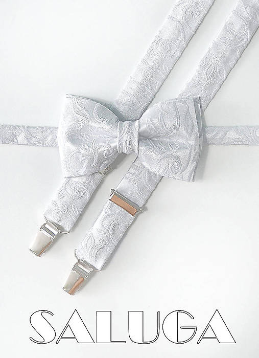 Pánske doplnky - Pánsky motýlik a traky  - vzorovaný - svadobný - strieborný - biely - 16864378_