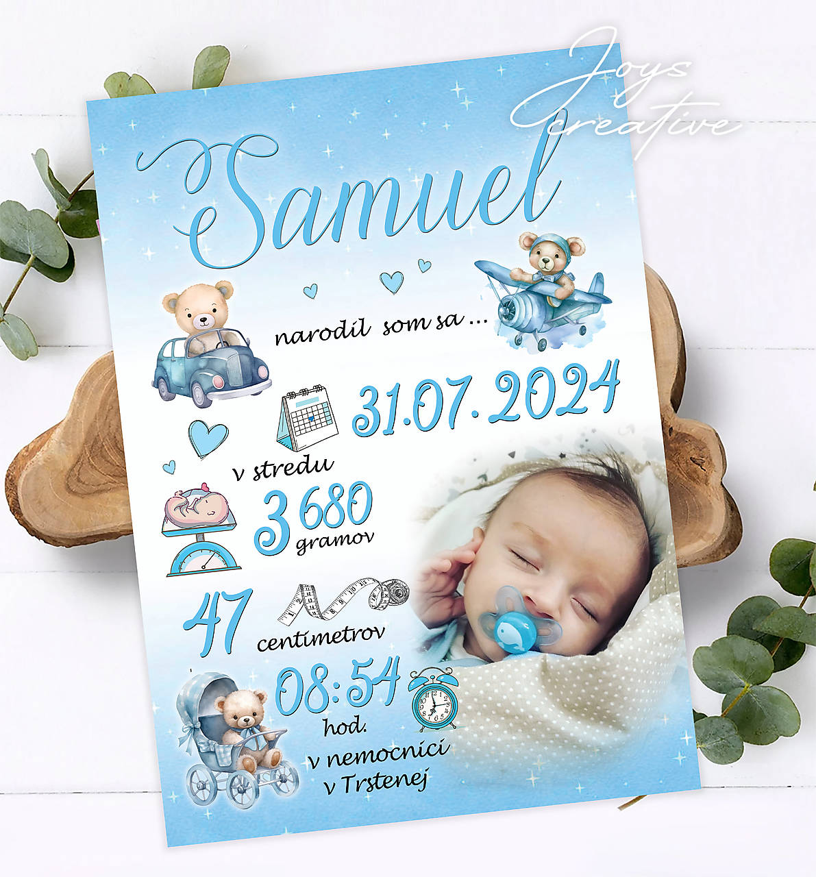 Tabuľka pre bábätko s údajmi o narodení s medvedíkmi stars (cca a4- 27x19cm)
