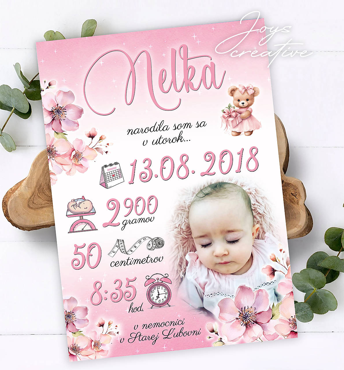 Detská tabuľka, tabuľka pre dieťa s údajmi o narodení dieťatka s kvetmi a medvedíkom (cca A4 - 27x19)