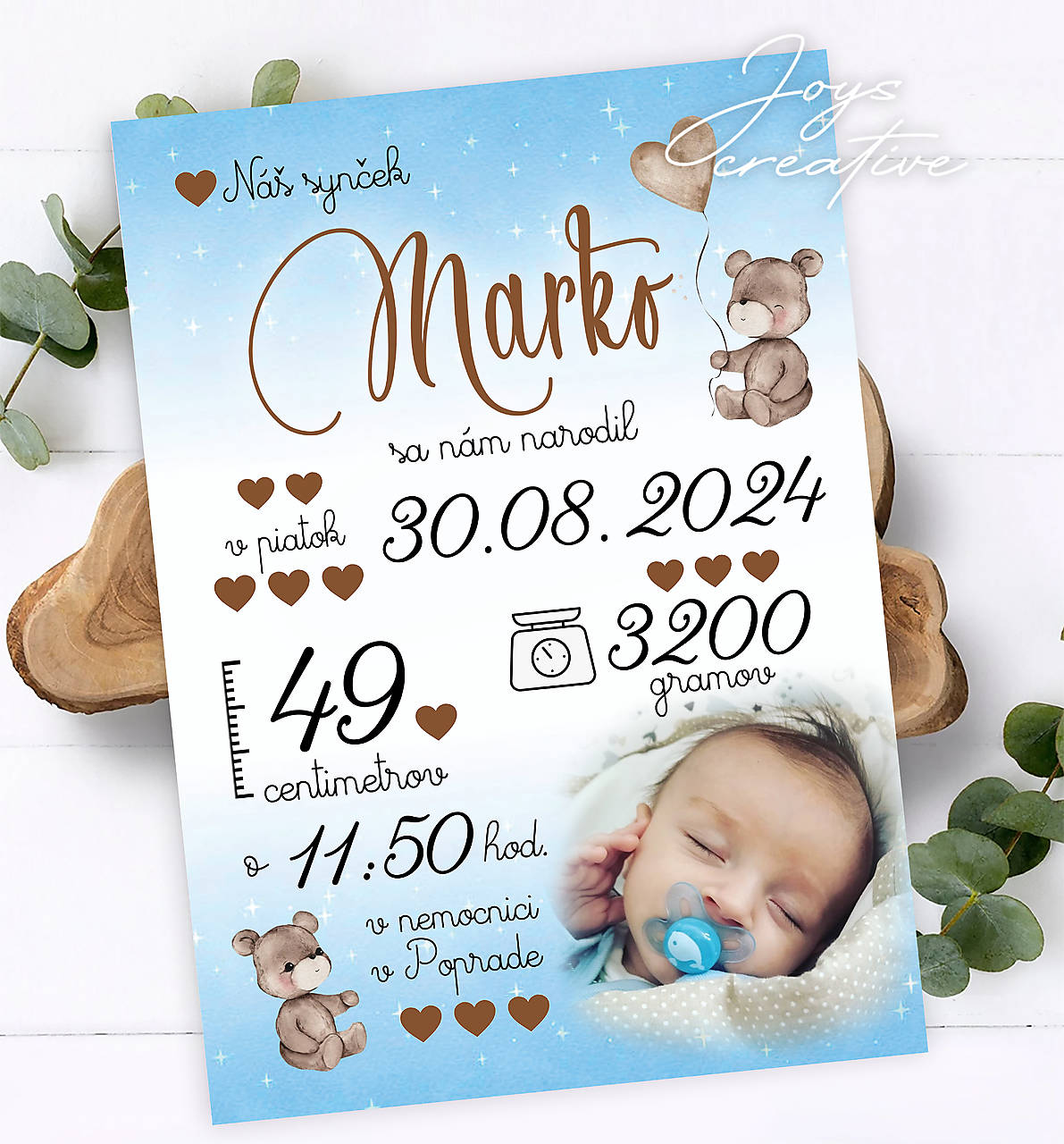Tabuľka pre bábätko s údajmi o narodení s medvedíkmi hnedé písmo (cca a4 - 27x19 modré pozadie)