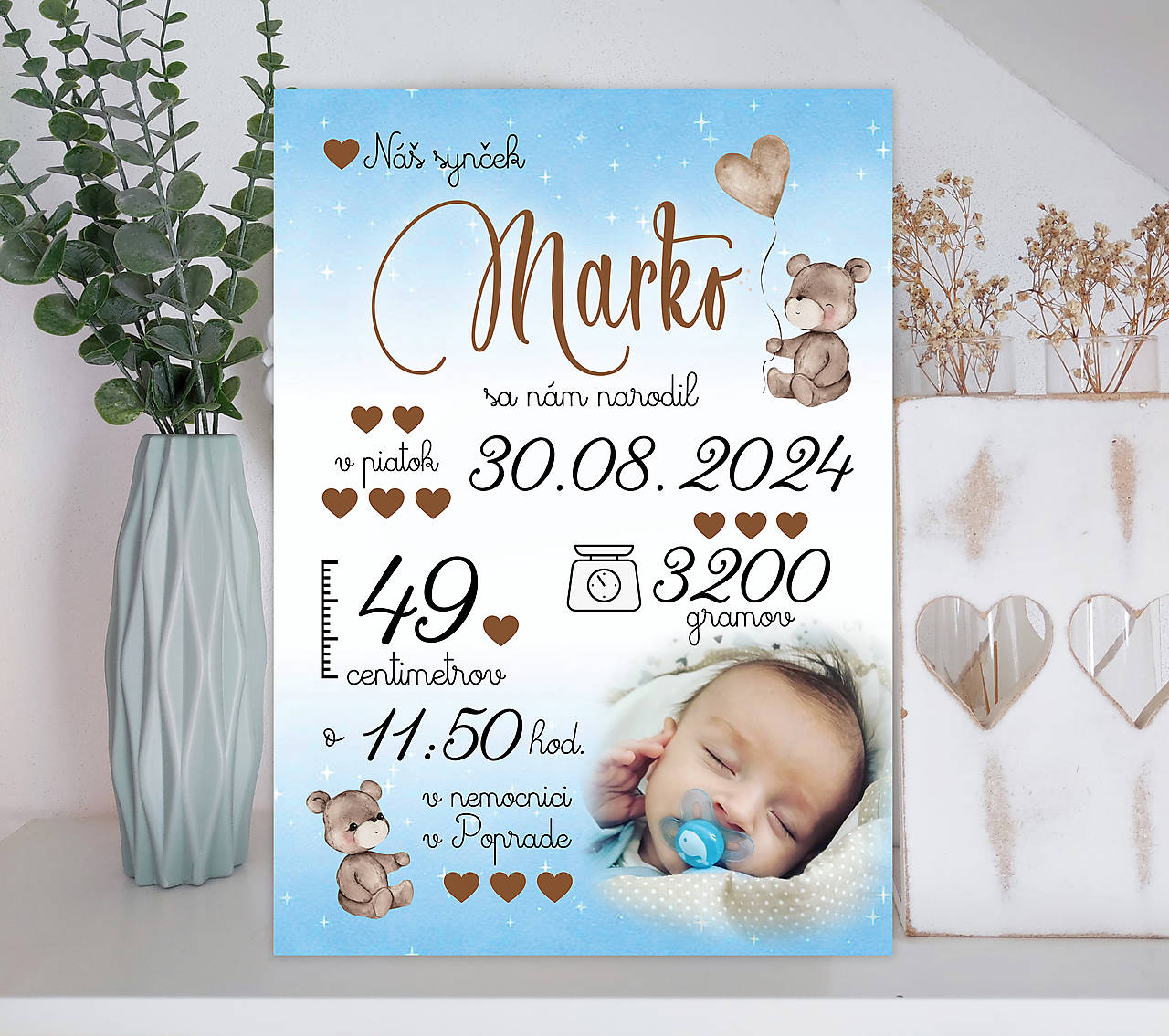 Tabuľka pre bábätko s údajmi o narodení s medvedíkmi hnedé písmo (cca a3 - 38x27 modré pozadie)