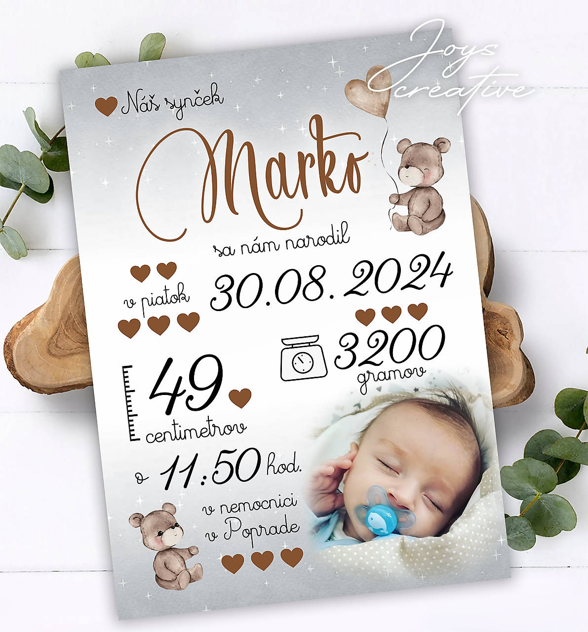 Tabuľka pre bábätko s údajmi o narodení s medvedíkmi hnedé písmo (cca a4 - 27x19 sivé pozadie hviezdičky)