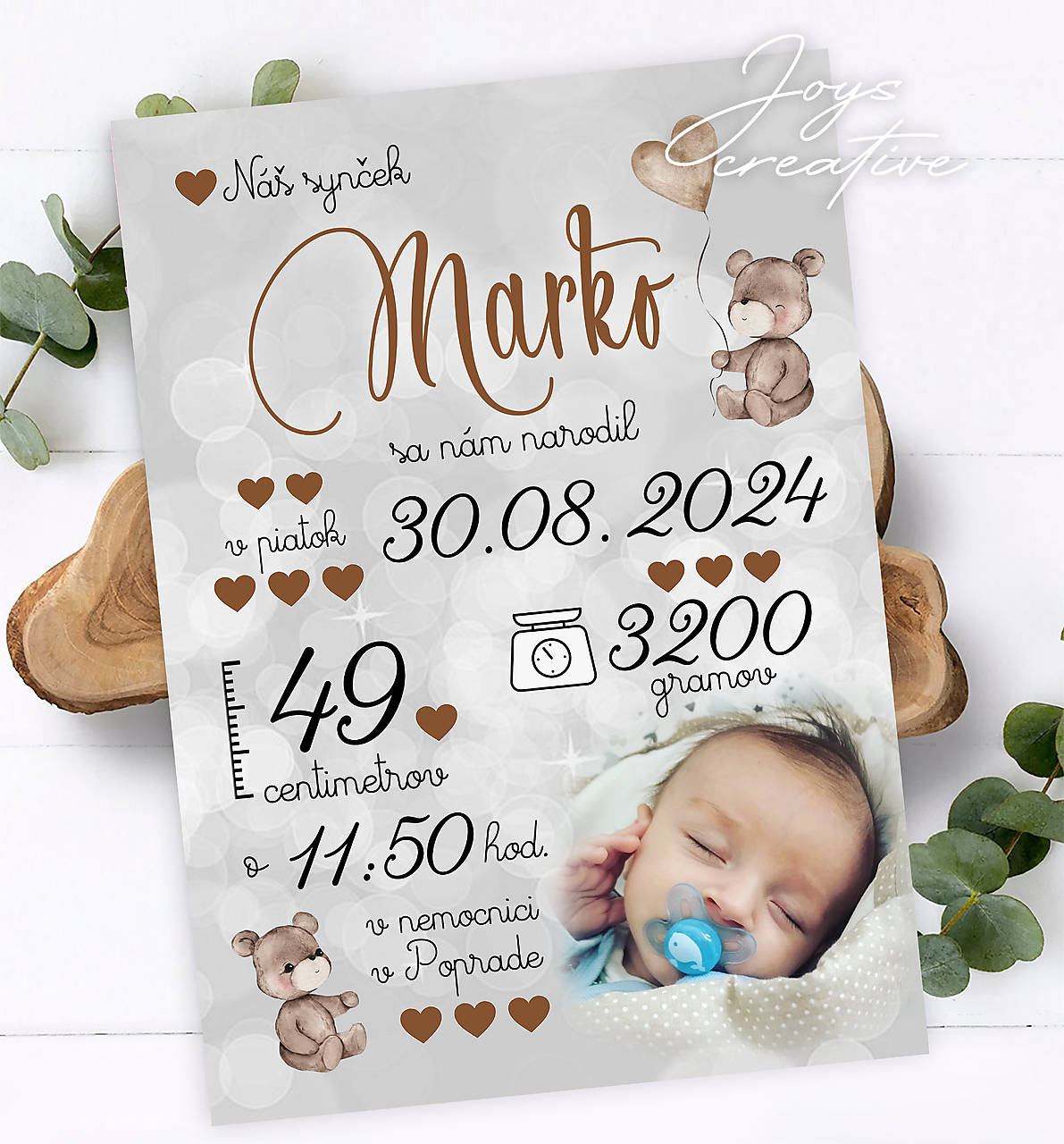 Tabuľka pre bábätko s údajmi o narodení s medvedíkmi hnedé písmo (cca a4 - 27x19 sivé pozadie)