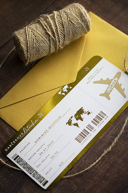 Papiernictvo - Stierací žreb "darčeková letenka" - metalická zlatá (Oznámenie + Biela obálka) - 16873851_