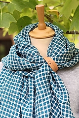 Šatky - Veľká oversized ľanová šatka, pléd, ľanová šatka Houndstooth modro-zelenej farby pre ženy - 16875490_