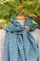 Šatky - Veľká oversized ľanová šatka, pléd, ľanová šatka Houndstooth modro-zelenej farby pre ženy - 16875495_