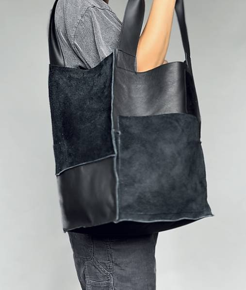 Veľké tašky - ČIERNA zošívaná kožená shopper taška - 16877820_
