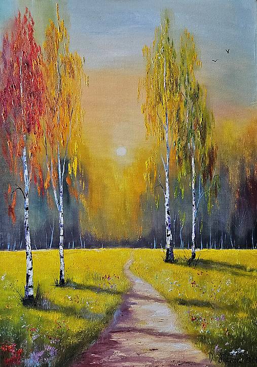 Obrazy - Obraz "Brezy na jeseň" - olejomaľba, plátno, 50x70 cm - 16877420_