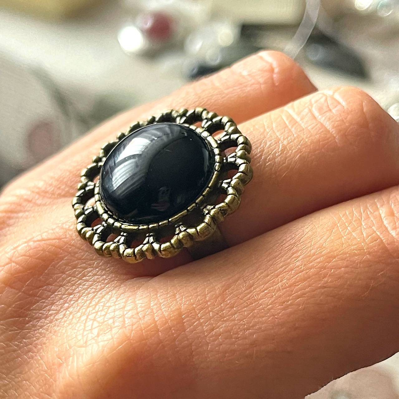 Black Agate Bronze Ring / Prsteň s čiernym achátom E050