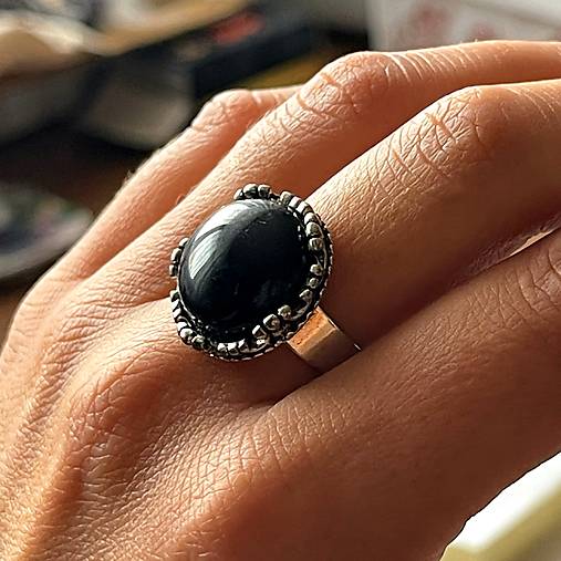 Black Agate Antique Silver Ring / Prsteň s čiernym achátom E050