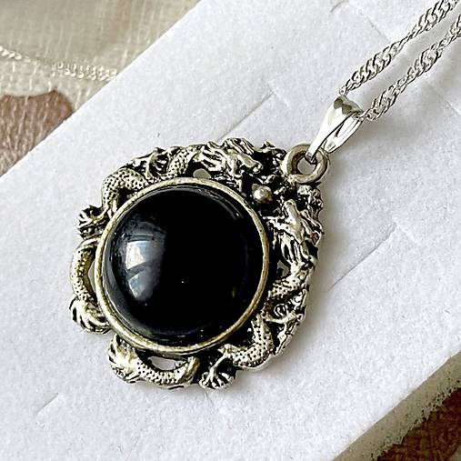 ZĽAVA 70% Black Agate Antique Silver Pendant / Prívesok s prírodným achátom E051