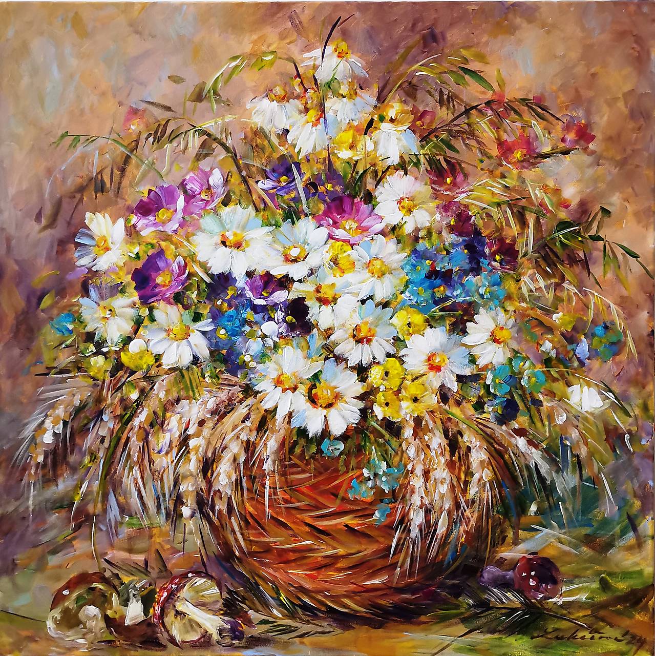 Kvety, košík a huby