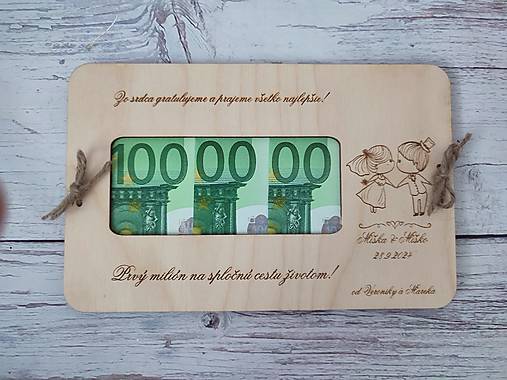 Tabuľky - Drevená obálka na peniaze pre novomanželov, Váš prvý milión - 16901410_