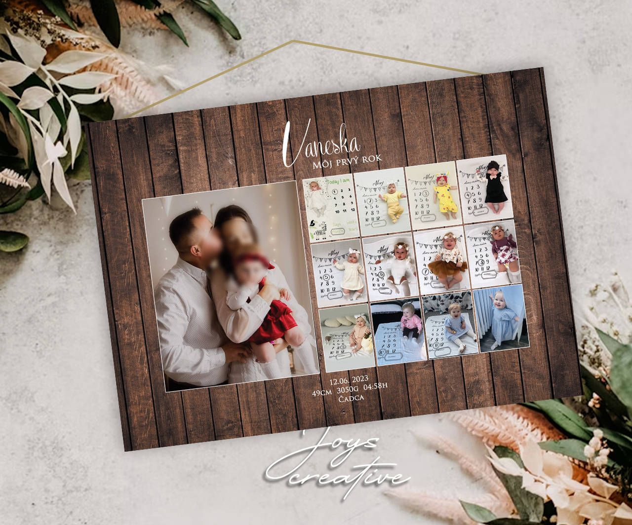 Tabuľa "Môj prvý rok", darček k 1.narodeninám (3. - drevené pozadie s farebnými fotkami)