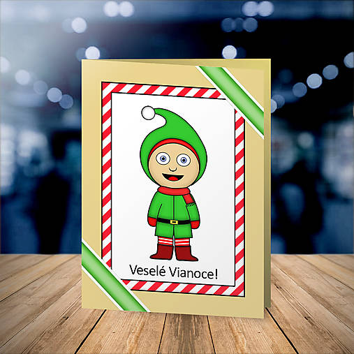 Papiernictvo - Vianočná pohľadnica detské kostýmy - vianočný škriatok - 16946432_