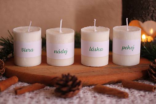 Sviečky - Vianočné adventné sviečky VIERA, NÁDEJ, LÁSKA, POKOJ (menšie 110 g vosku) - 16947392_