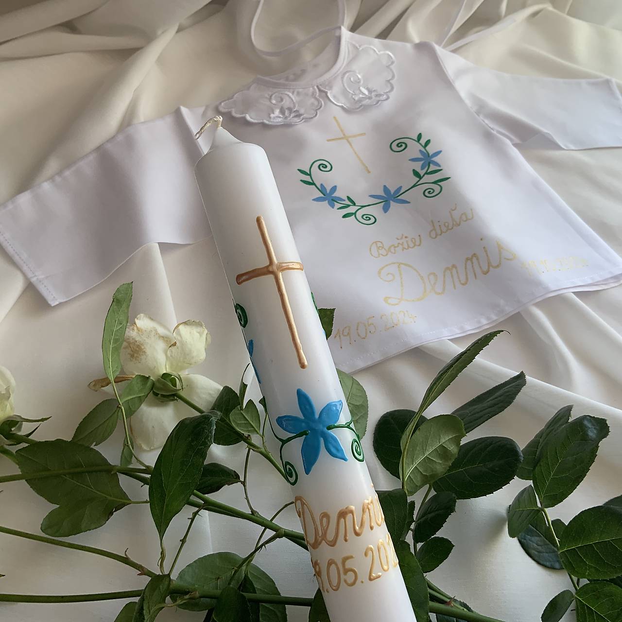 Krstná KOŠIEĽKA A SVIECA maľovaná S KVETMI