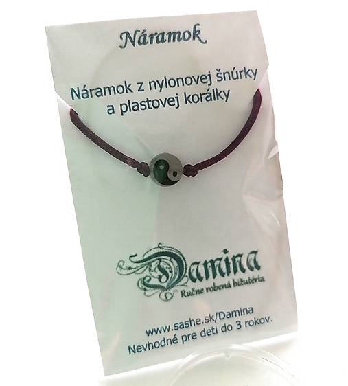 Náramky - Šnúrkové so svietiacou korálkou Jin Jang (vínová) - 16961999_