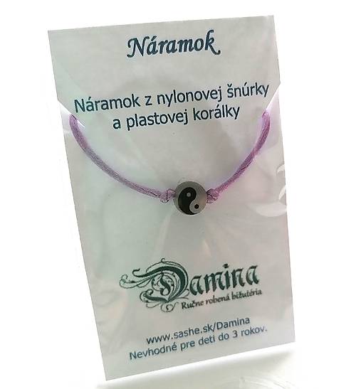 Náramky - Šnúrkové so svietiacou korálkou Jin Jang (fialová svetlá) - 16962002_