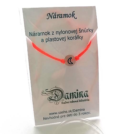 Náramky - Šnúrkové so svietiacou korálkou mesiac (oranžová neon) - 16962412_