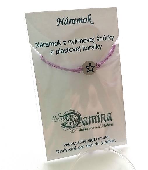 Náramky - Šnúrkové so svietiacou korálkou hviezda (fialová svetlá) - 16962506_