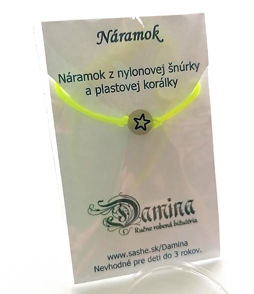 Náramky - Šnúrkové so svietiacou korálkou hviezda (žltá neon) - 16962513_