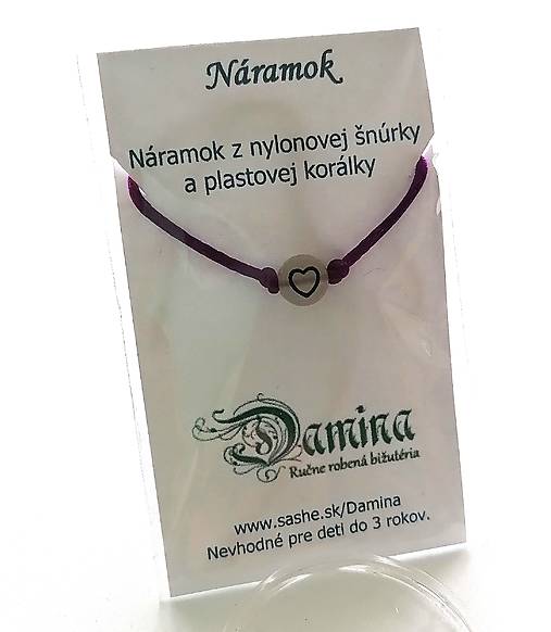Náramky - Šnúrkové so svietiacou korálkou srdce (fialová) - 16962564_