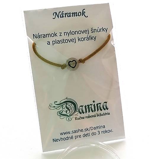 Náramky - Šnúrkové so svietiacou korálkou srdce (zlatá) - 16962581_