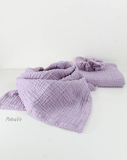 Šatky - Fialová šatka so zlatými bodkami, mušelínová - 16964373_