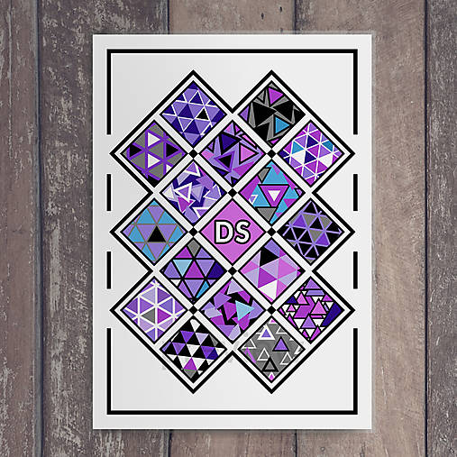 Hračky - Linajková podložka do zošita Šachovnica pestrá geometria (chaos) violet trojuholníky - 16972330_