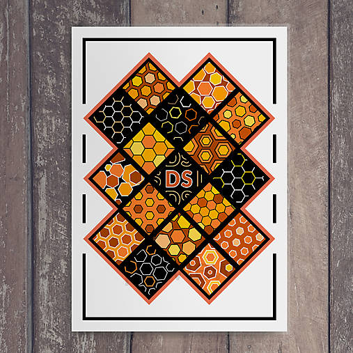 Papiernictvo - Linajková podložka do zošita Šachovnica pestrá geometria (black contrast) pomarančové plásty - 16972331_