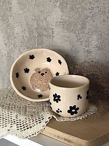 Nádoby - Mini miska a espresso hrnček s čiernymi kvetmi - 16985783_