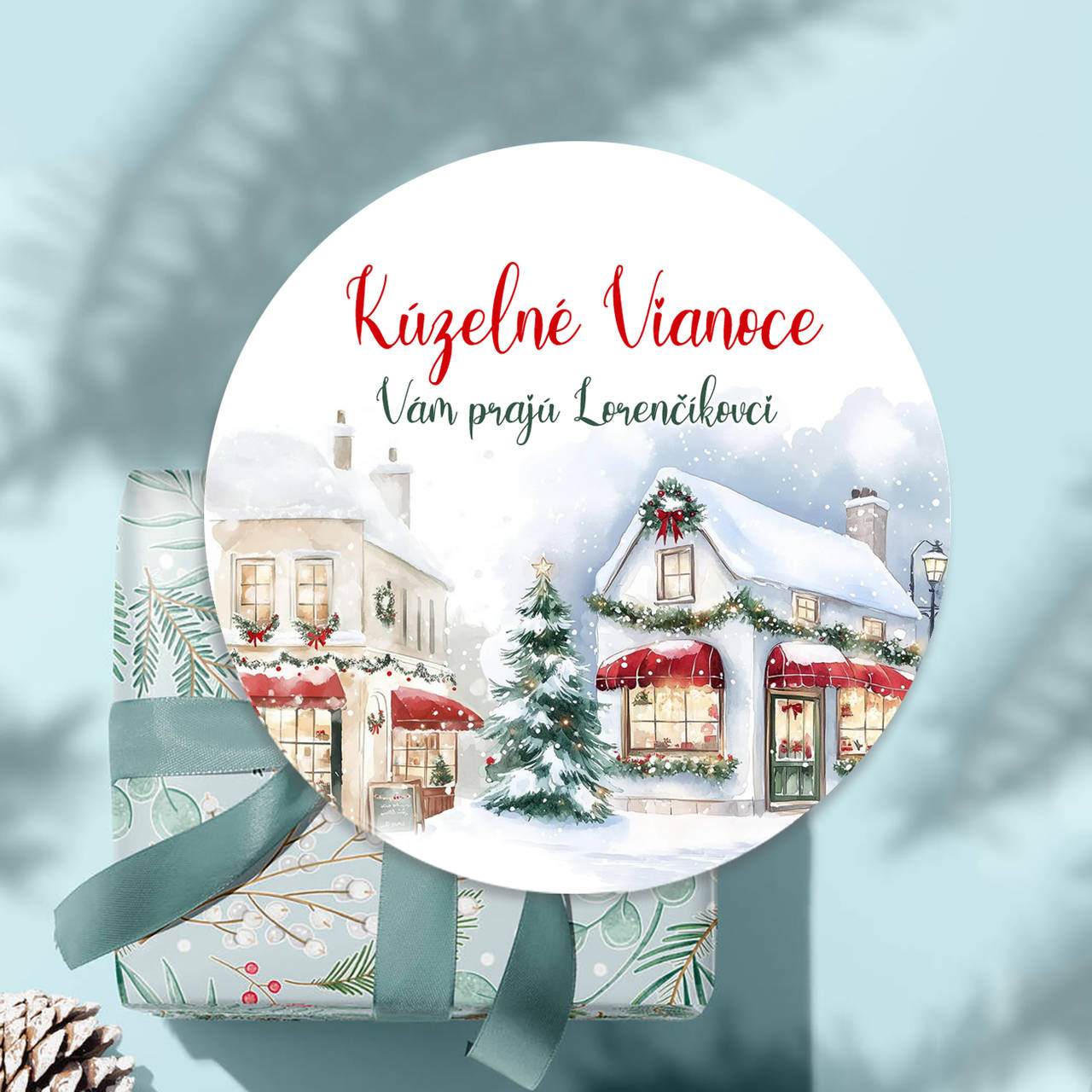 Vianočná okrúhla nálepka na darčeky, nálepka Vianoce  (mestečko)