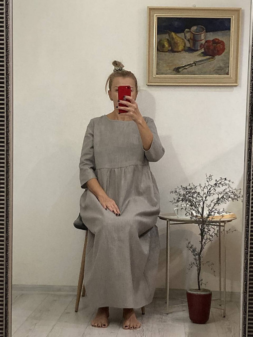Šaty - MAXI Ľanové Šaty s 3/4 Rukávmi /TAUPE/ - 16993016_