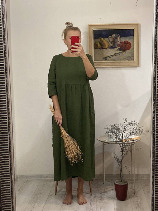 Šaty - MAXI Ľanové Šaty s 3/4 Rukávmi /FOREST/ - 16993184_