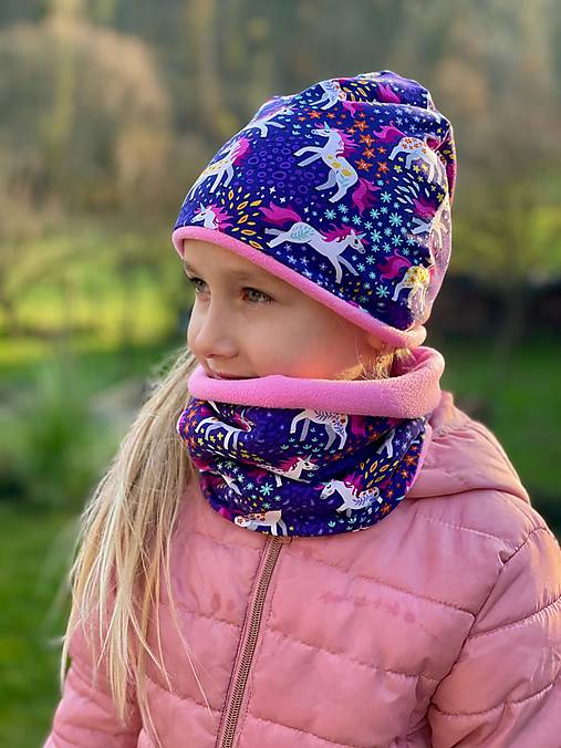 Detské čiapky - Čiapka a nákrčník FLEECE - jednorožec - 17016550_