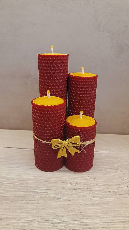 Sviečky - Adventná sada sviečok z vosku (Žltá s bordovou obrubou) - 17016625_