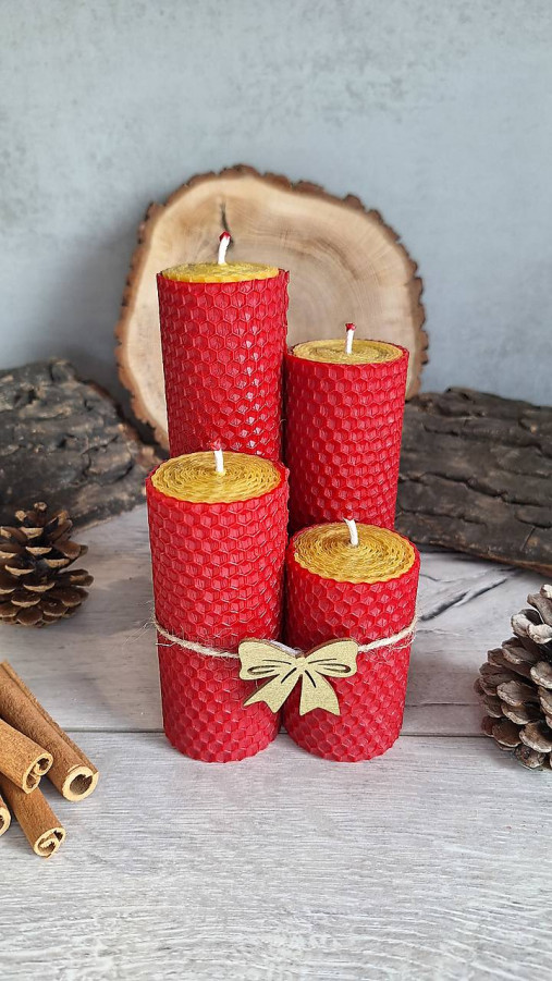 Sviečky - Adventná sada sviečok z vosku (Žltá s červenou obrubou) - 17016628_