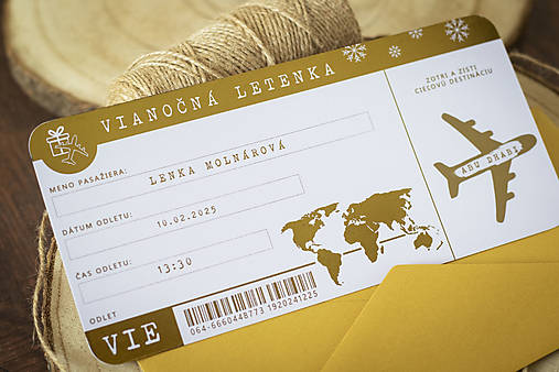 Papiernictvo - Vianočný darček "Letenka" - zlatá (Oznámenie + Zlatá obálka) - 17023568_
