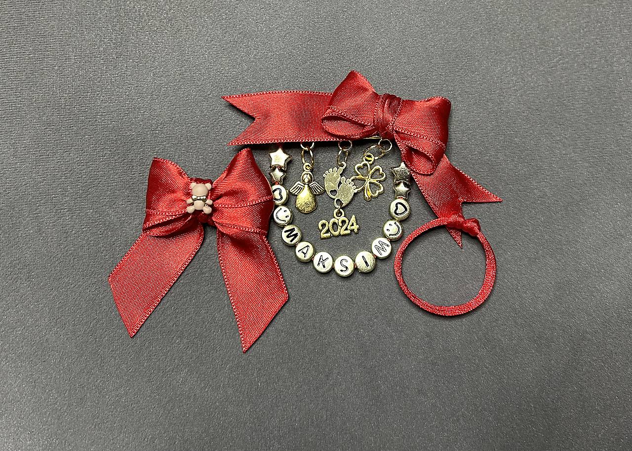 Set pre bábätko - mašlička proti urieknutiu s menom + mašlička s mackom + náramok