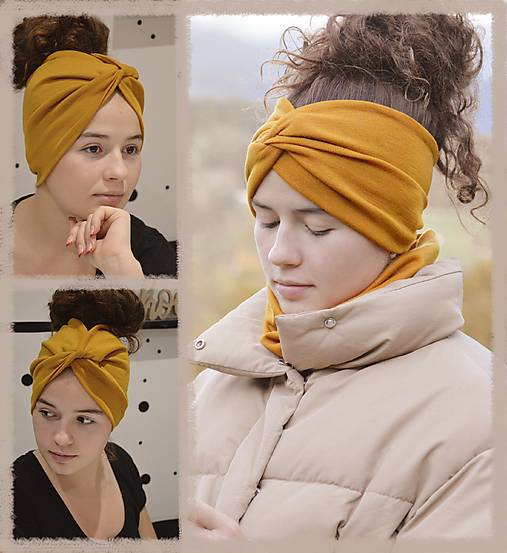 Čiapky, čelenky, klobúky - Čelenkočiapka  100% merino horčicová - 17034944_