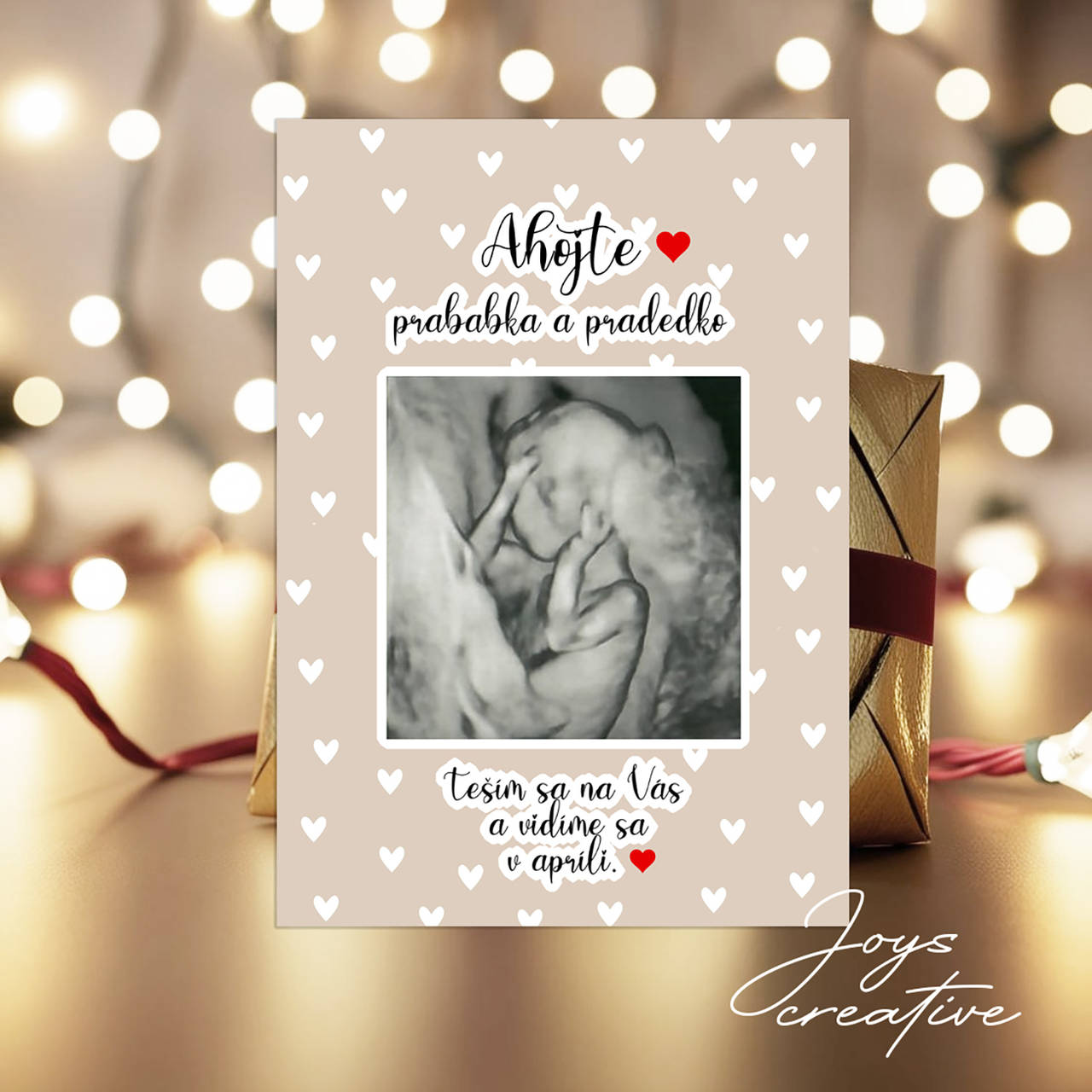 Personalizovaný plagát (darček na Vianoce ) do detskej izby s balónom a údajmi o narodení (béžové pozadie červené srdiečka)