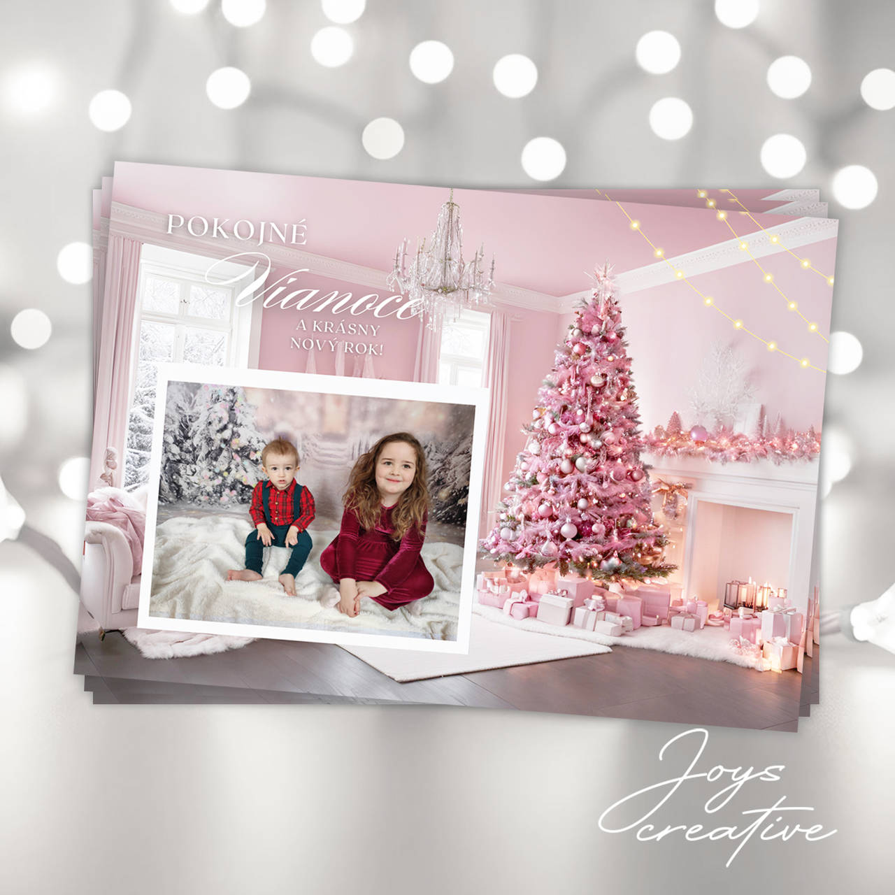 Obojstranná vianočná pohľadnica s fotografiou (ružová (min.8ks))