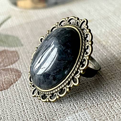 ZĽAVA 50% Vintage Larvikite Ring / Vintage prsteň s larvikitom E056