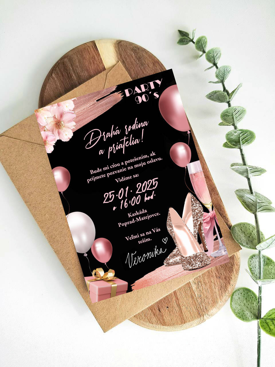 Narodeninová pozvánka so šampanským a lodičkami na 30, 40, 50 s balónmi