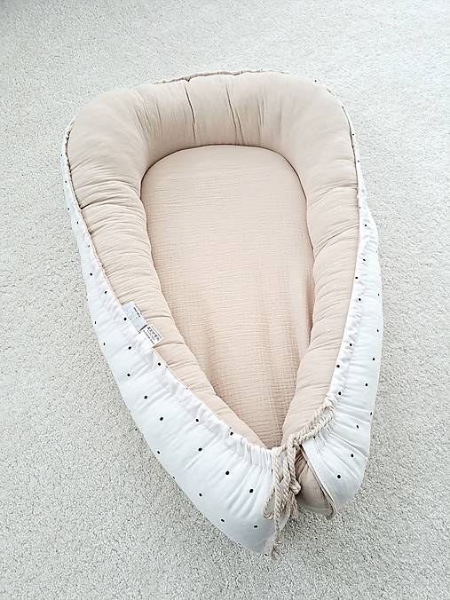 Detský textil - Hniezdo pre bábätko béžový mušelín a bavlna bodky (Štandardné hniezdo) - 17079661_