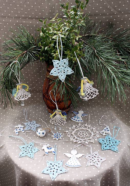 Dekorácie - Vianoce. Modro biele vianoce - sada nežných vianočných ozdob. - 17079211_