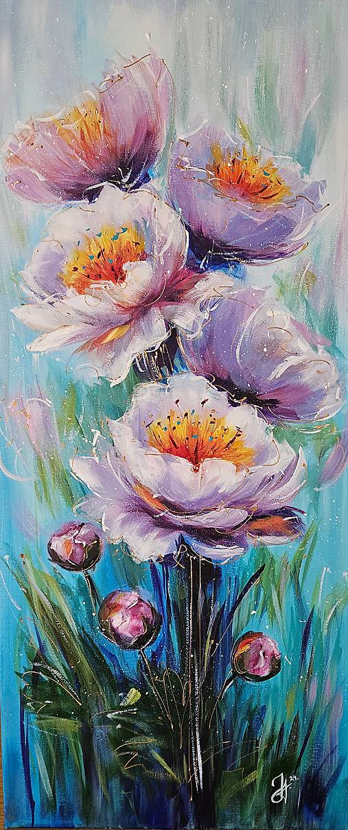 Obrazy - Ručne maľovaný obraz "Biele pivónie" 30x70 cm - 17080243_